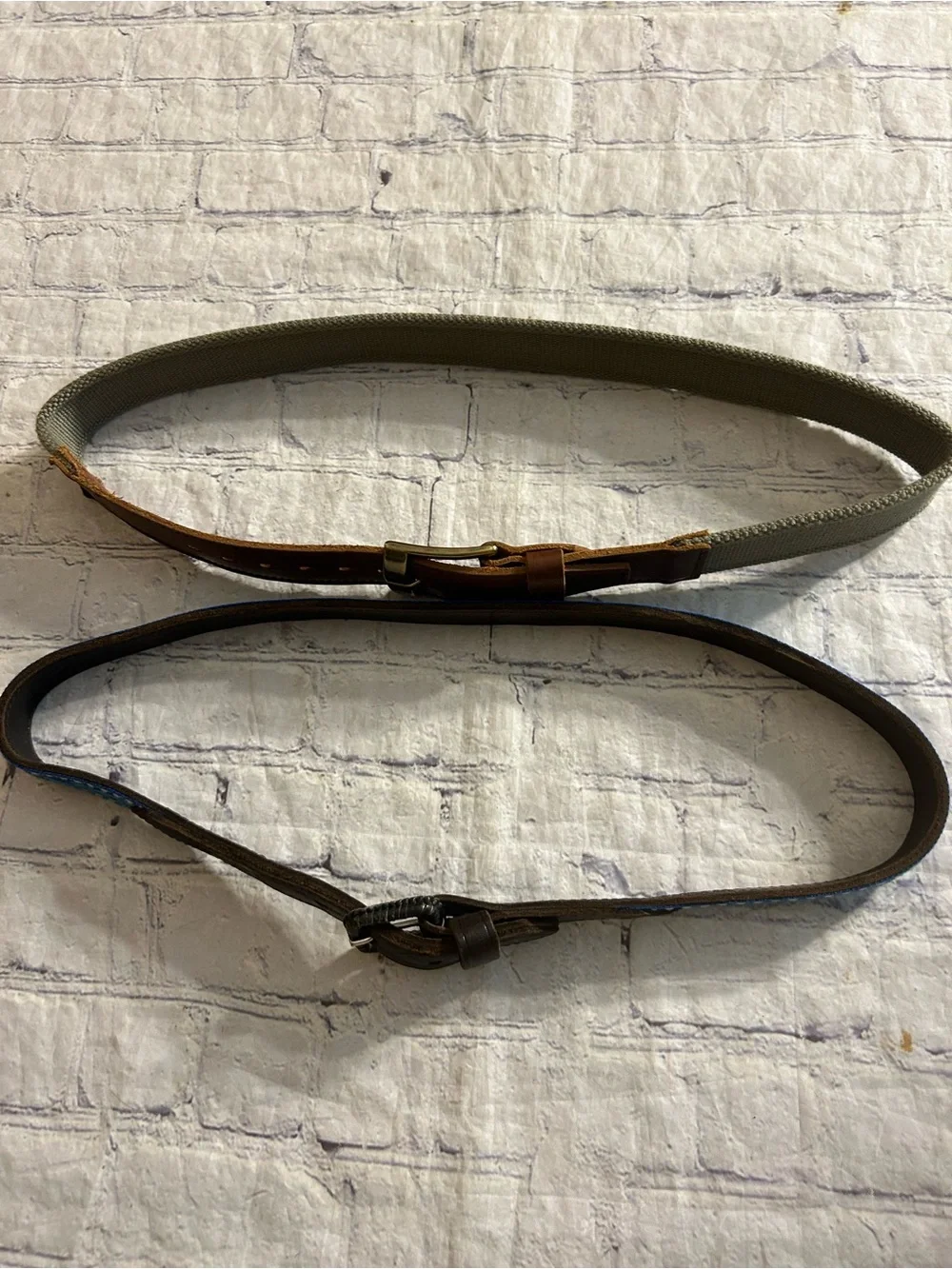 CHUNKY BROWN LEATHER ON SAGE WEB BAND SIZE 34 & VTG BLUE MULTI EMBOSSED BELTS